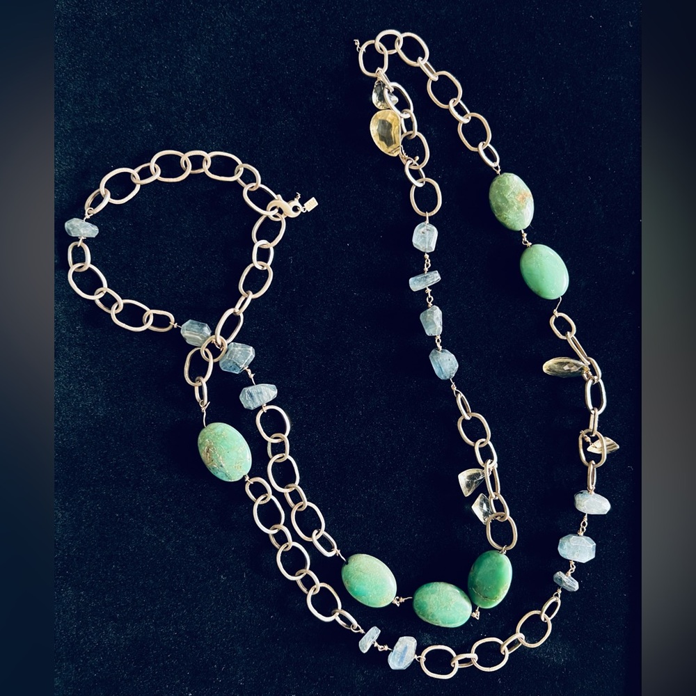 Alexis Bittar Sterling Silver 925 Turquoise & Blue Gem Stone Chain Link Necklace